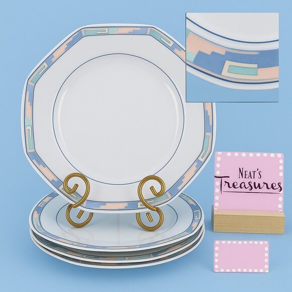 Christopher Stuart SOUTHWEST Green Blue Coral Rim White China Dinner Plate Set 4 - Picture 1 of 16